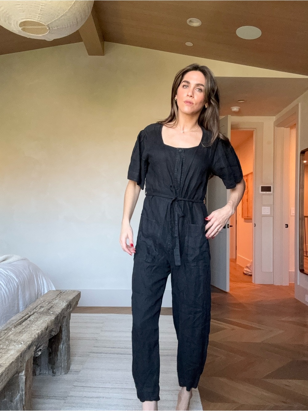 Joie Black Short-Sleeve Linen Jumpsuit with Waist Tie